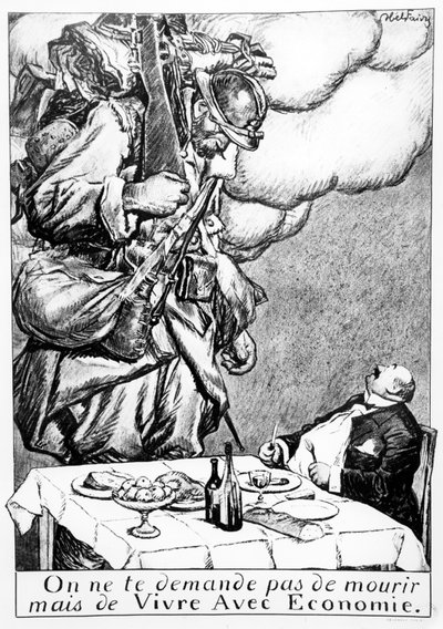 „Nie masz umrzeć, ale być oszczędnym”, karykatura wojennych spekulantów, 1914-18 autorstwa Jules Abel Faivre